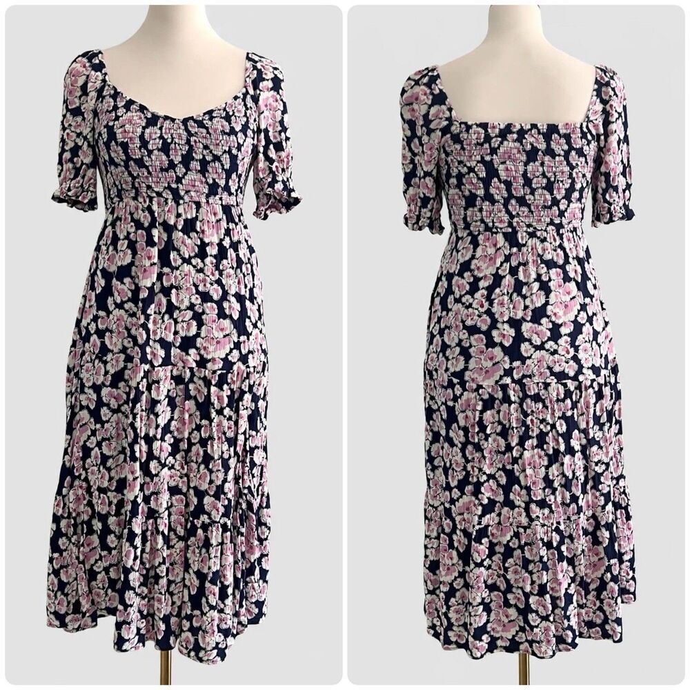 Abercrombie Smocked Bodice Puff Sleeve Navy Blue Pink Floral Midi Dress Womens S